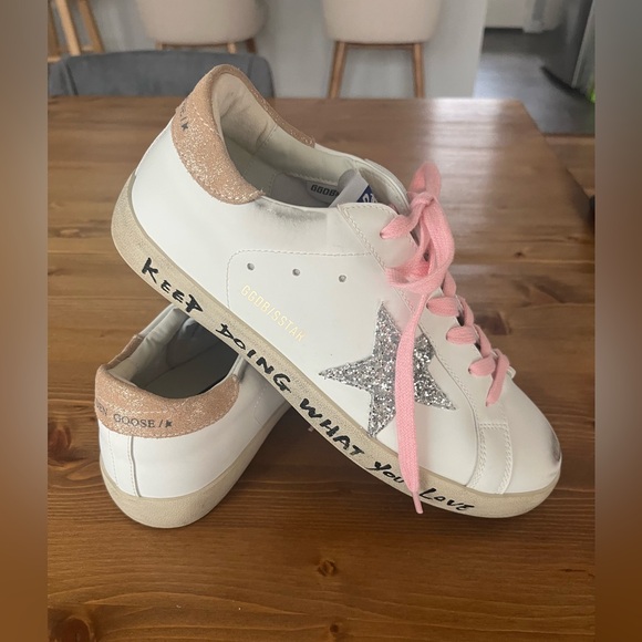 NWOT Golden Goose White Sneakers with Pink Laces and Glitter Silver Star